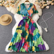 Women's Floral V-neck Waistband Tied Pleated Dress