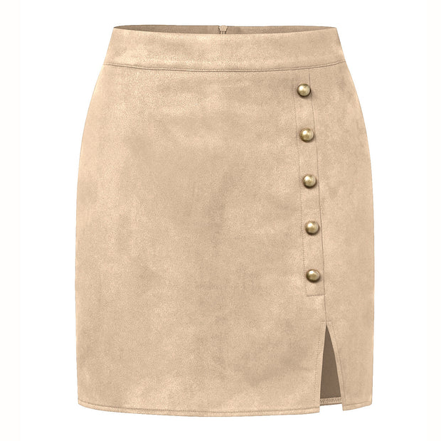 Women's Solid Color Suede High Waist Metal Buckle Skirt