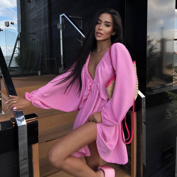 V-neck Lantern Sleeve Dress