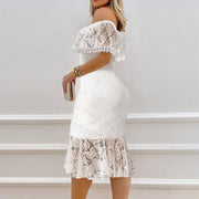 Women's Elegant Floral Lace Off The Shoulder Dress Scallop Trim Party Wedding Guest Bodycon Dress