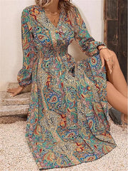 Elegant V-neck Printed Long Sleeve Dress