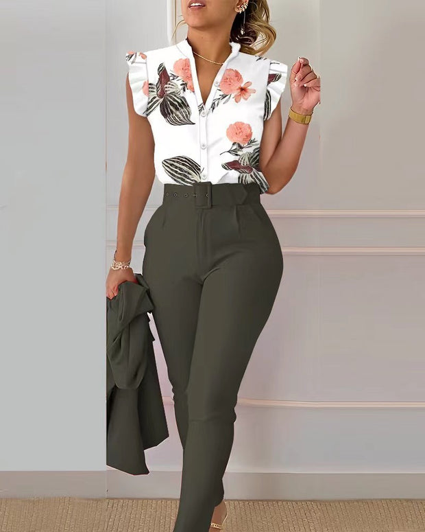 Women's Elegant Ruffled Sleeved Pants Suit With Belt