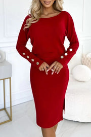 Women's Button Sleeved Solid Colored Dress