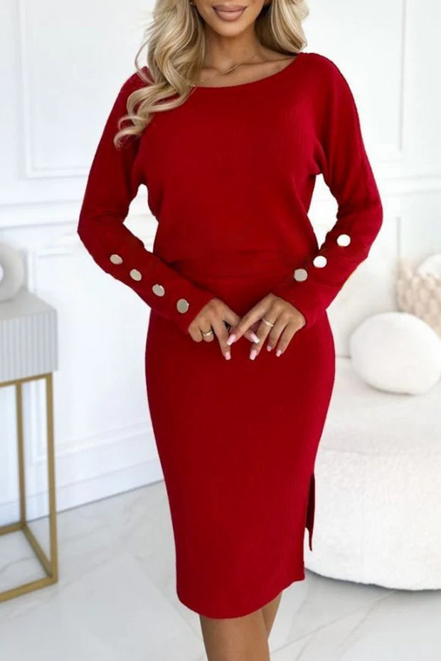 Women's Button Sleeved Solid Colored Dress