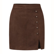 Women's Solid Color Suede High Waist Metal Buckle Skirt