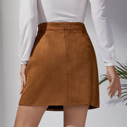 Women's Solid Color Suede High Waist Metal Buckle Skirt