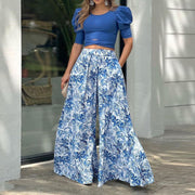 Puff Sleeved Cross Hem Wide Legged Pants Suit