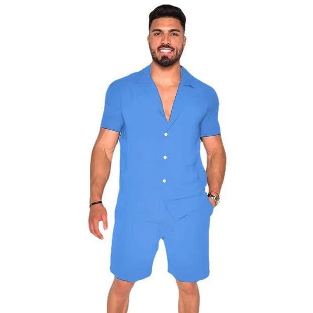 Men's Summer Lapels Cotton Linen Solid Color Short Sleeve Shorts Suit