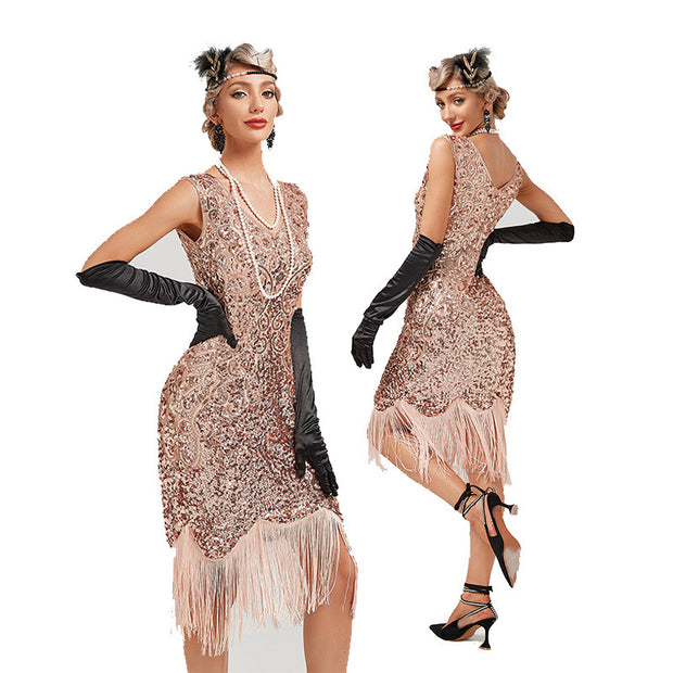 Vintage Sequin Skirt Gatsby Prom Tassel Dress