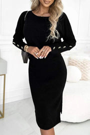 Women's Button Sleeved Solid Colored Dress