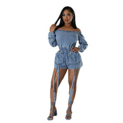 Women's Pocket Denim Sexy Wash Short Wrapped Chest Elastic Waist Jumpsuit
