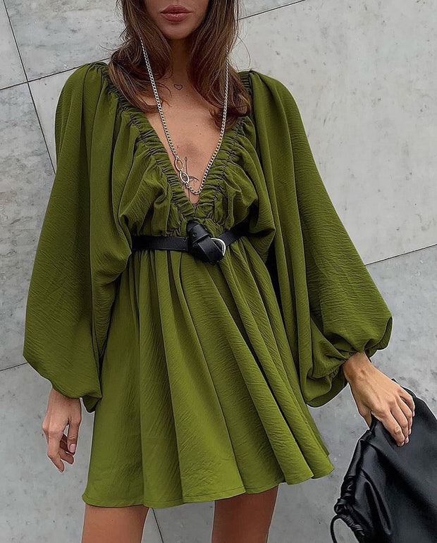 V-neck Lantern Sleeve Dress