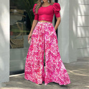 Puff Sleeved Cross Hem Wide Legged Pants Suit