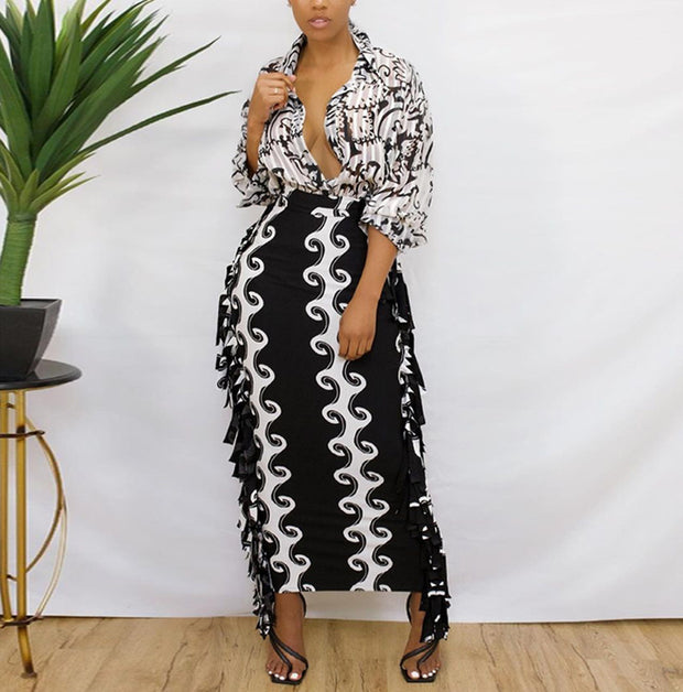 European And American Creative Casual Slim-fit Tassel Black And White Print Sexy Skirt
