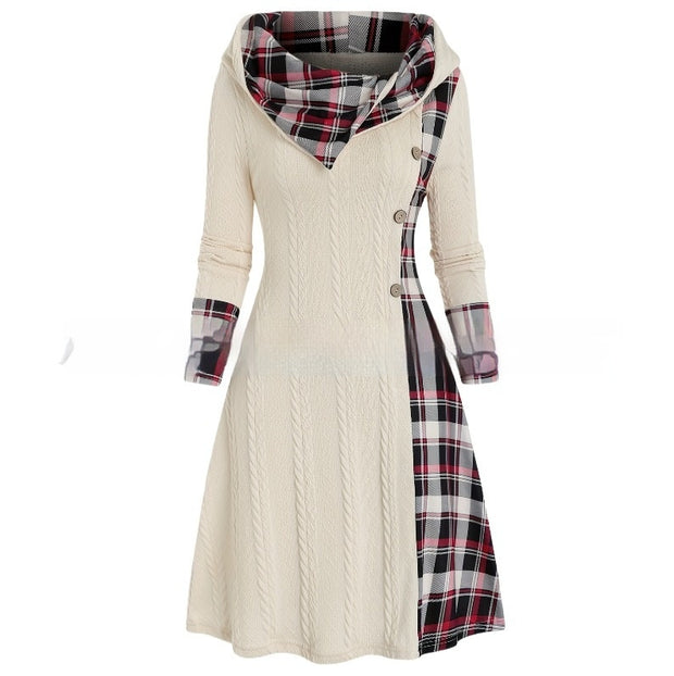 European And American Knitted Hooded Dress Plaid Printed