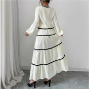 Women's Lace Layered Pleated Lantern Sleeve Bow Shirt And Skirt Suit