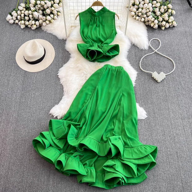 Women's Stand Collar Ruffled Fishtail Skirt Suit