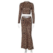 Leopard Print Elastic Pleating Skirt Long Sleeve Elegant Stretch Suit