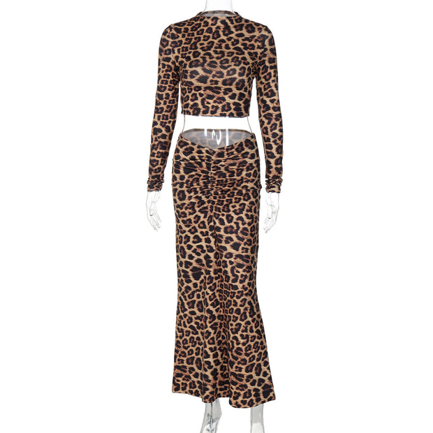 Leopard Print Elastic Pleating Skirt Long Sleeve Elegant Stretch Suit