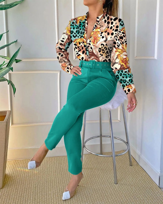 Women's Long-Sleeved Shirt Pants Suit with Belt