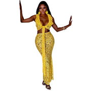 Women's Lace Top High Waisted See Through Long Skirt Two-piece Set