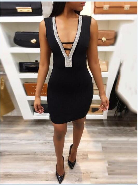 Sexy Slim V-neck Bodycon Party Sleeveless Hollow Out Backless Dress