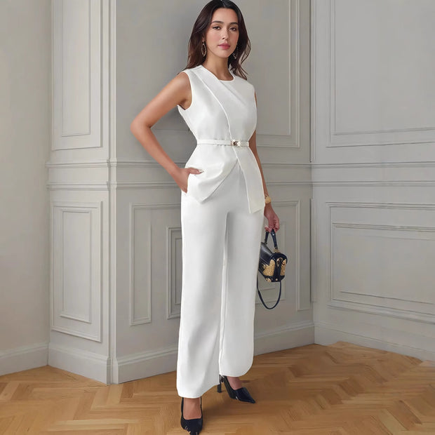 Women's Sleeveless Two-piece Pants Suit w/Belt