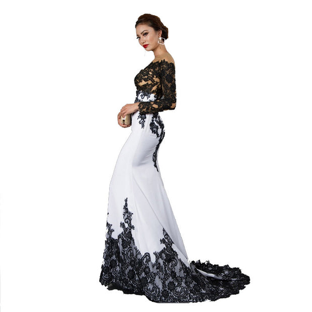 Elegant Embroidered Lace Fishtail Evening Dress
