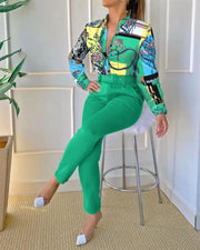 Women's Long-Sleeved Shirt Pants Suit with Belt