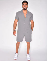 Men's Summer Lapels Cotton Linen Solid Color Short Sleeve Shorts Suit