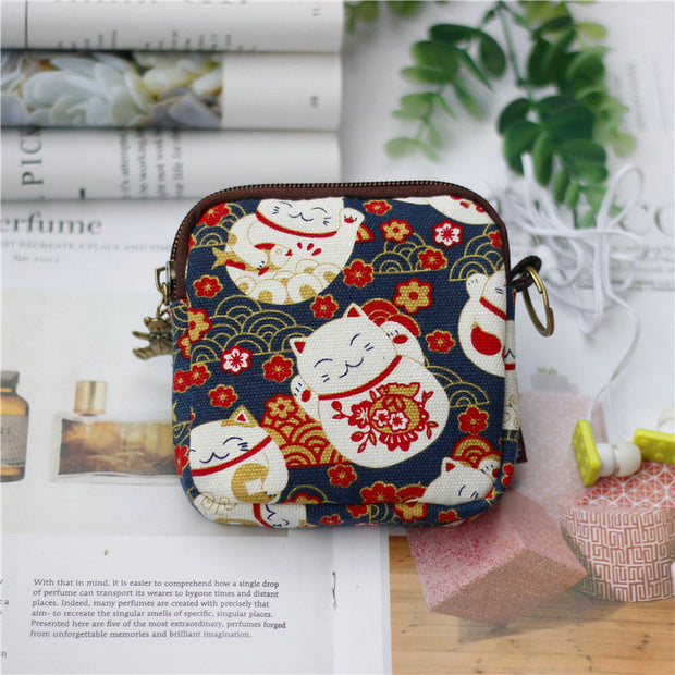 Retro Mini Bag Women Coin Purses Kawaii Short Wallet Girls Cat Small Canvas Purse Card Bags Womens Hand Purses for Ladies Kids