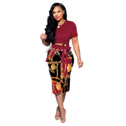 Fashion Printed Zipper Short Sleeve Tight Dress