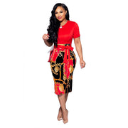 Fashion Printed Zipper Short Sleeve Tight Dress