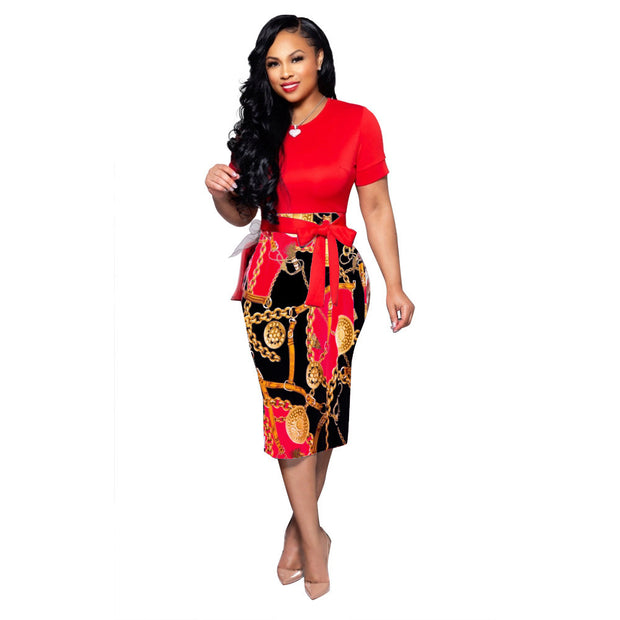 Fashion Printed Zipper Short Sleeve Tight Dress