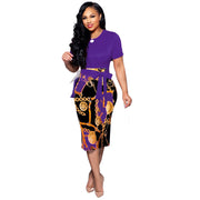 Fashion Printed Zipper Short Sleeve Tight Dress