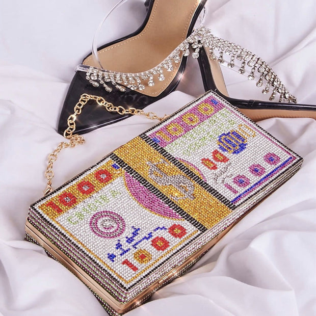 Women Crystal Diamond Cash Dollars Clutch Purses Chain Handbags