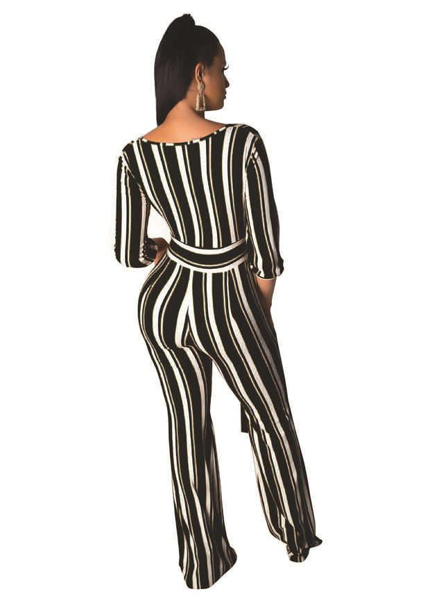 Women's Fashionable Striped Printed Wide-Leg Jumpsuit