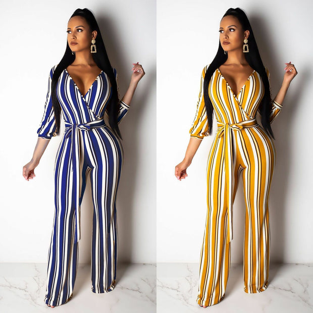 Women's Fashionable Striped Printed Wide-Leg Jumpsuit