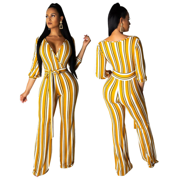 Women's Fashionable Striped Printed Wide-Leg Jumpsuit