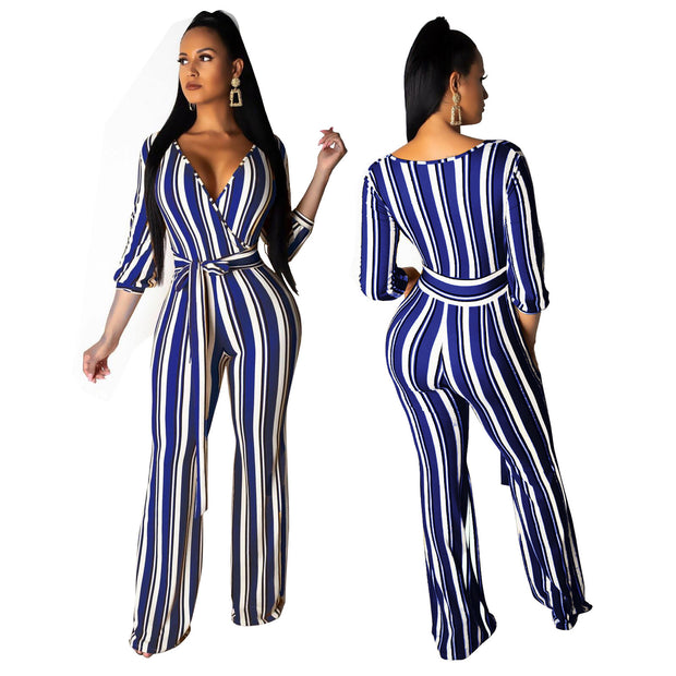 Women's Fashionable Striped Printed Wide-Leg Jumpsuit