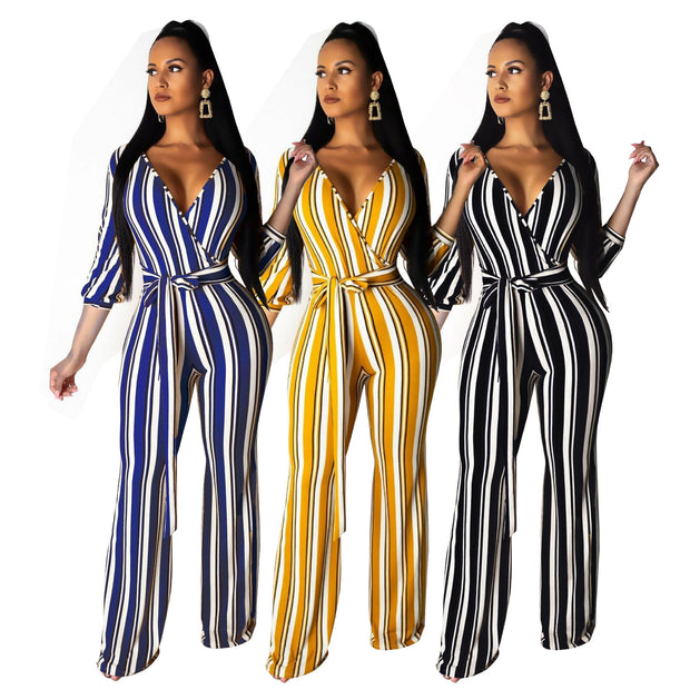 Women's Fashionable Striped Printed Wide-Leg Jumpsuit