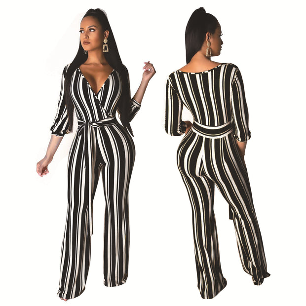 Women's Fashionable Striped Printed Wide-Leg Jumpsuit