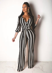 Women's Fashionable Striped Printed Wide-Leg Jumpsuit