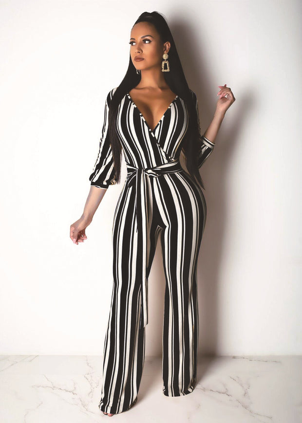 Women's Fashionable Striped Printed Wide-Leg Jumpsuit