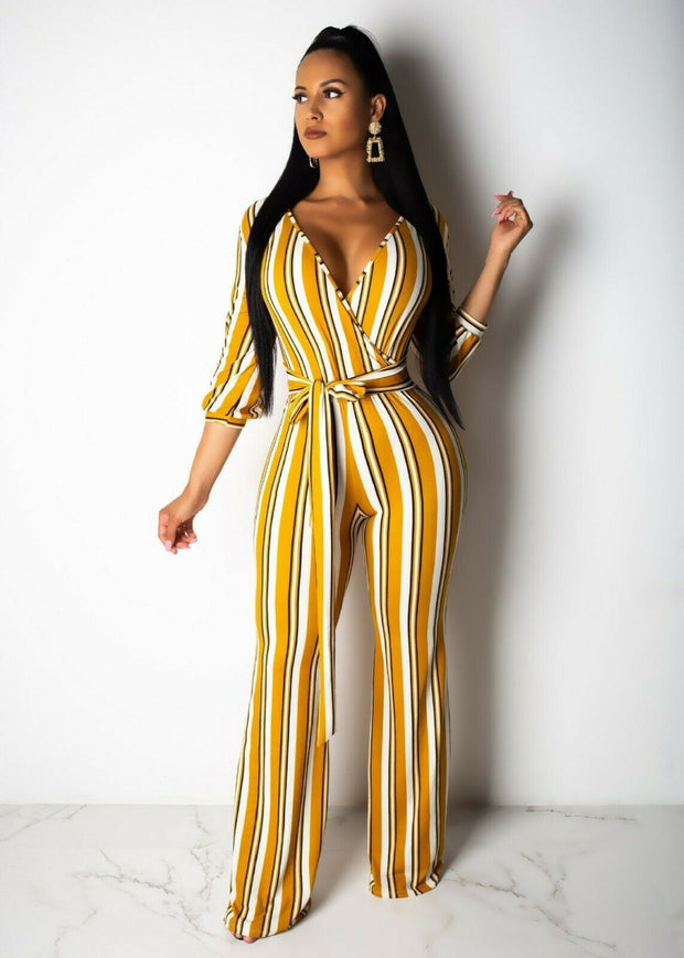 Women's Fashionable Striped Printed Wide-Leg Jumpsuit