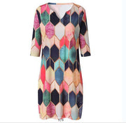 Cross-border European And American Summer One-piece Short Dress Retro Digital Printing Five-point Sleeves