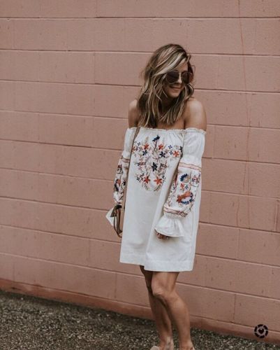 Basic Swing Floral Flower Print Off Shoulder Dress