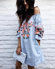 Basic Swing Floral Flower Print Off Shoulder Dress