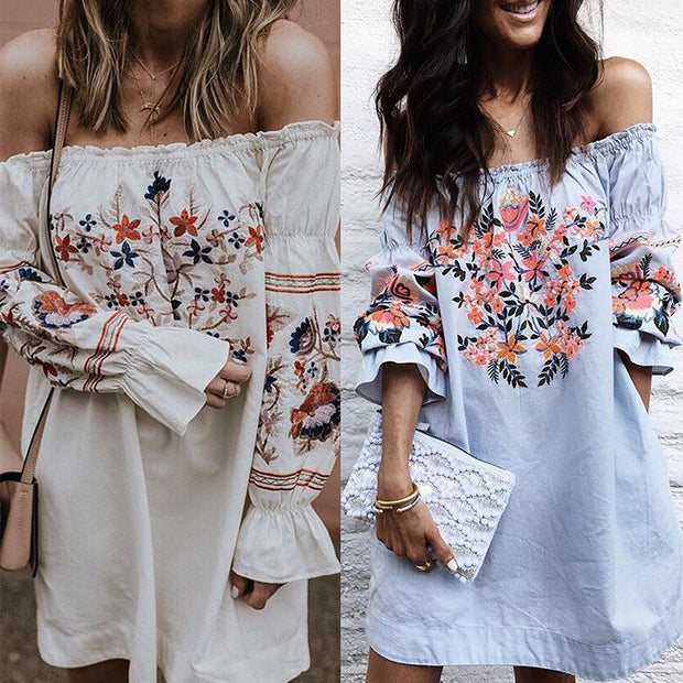 Basic Swing Floral Flower Print Off Shoulder Dress