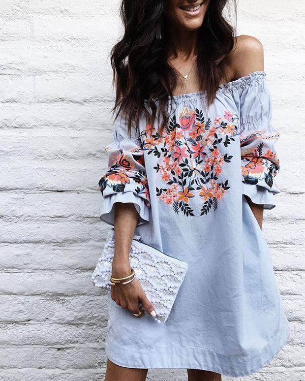 Basic Swing Floral Flower Print Off Shoulder Dress